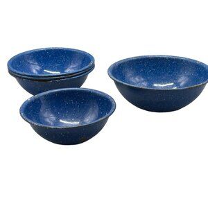 vintage metal bowls blue and white camping outdoors picnic 5 bowls READ